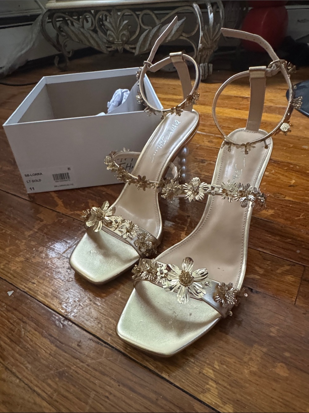 Betsey Johnson Gold Floral Ankle-Strap Heels - Picture 3 of 4